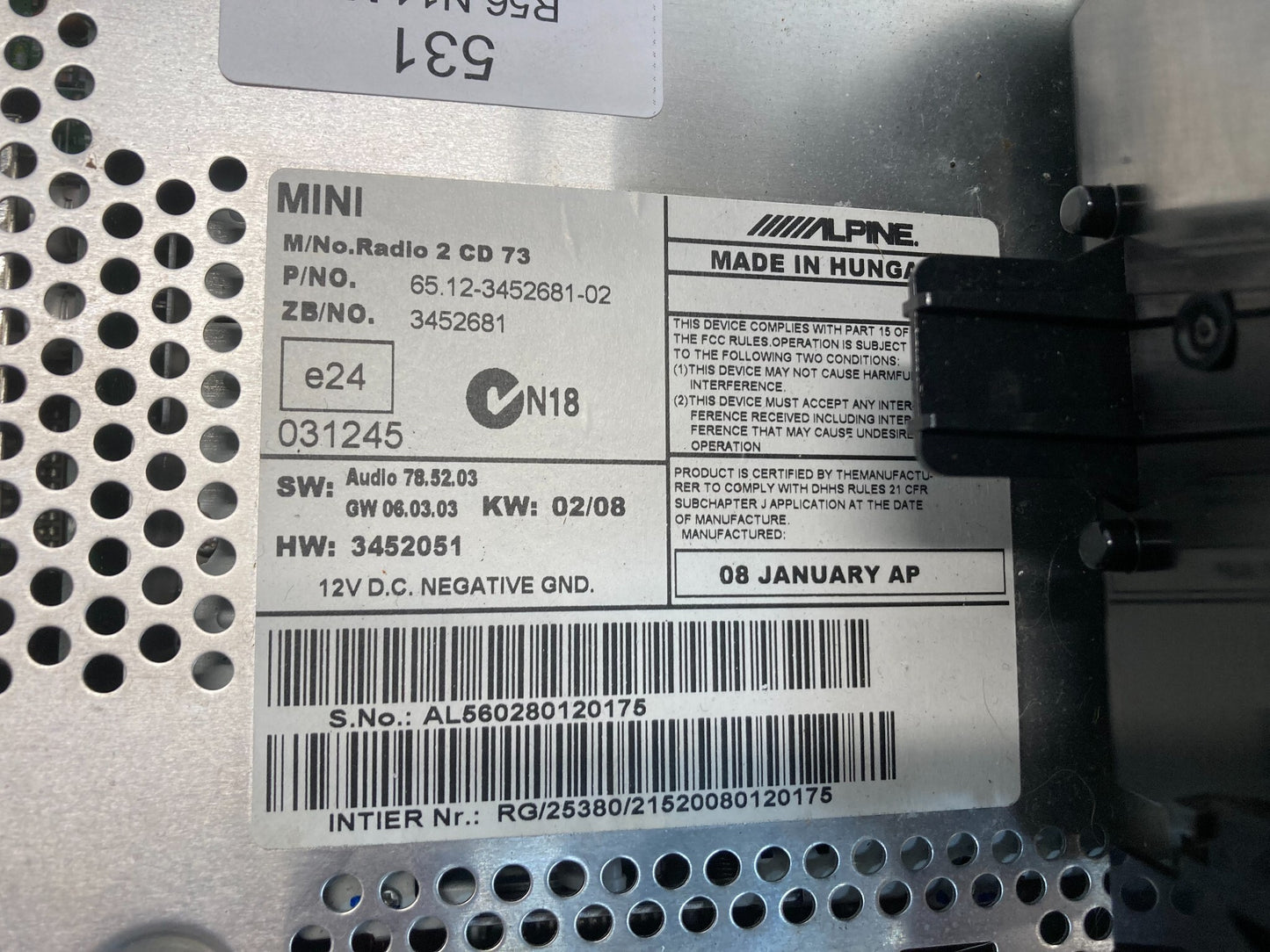 Mini Cooper Radio Boost CD 65123455540 07-10 R55 R56 R57 531