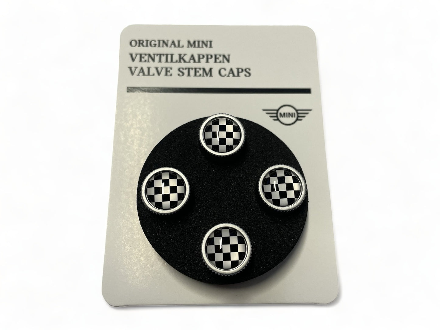 Mini Cooper Checkered Flag Silver Valve Stem Caps - Set of 4 NEW OEM 36110429945