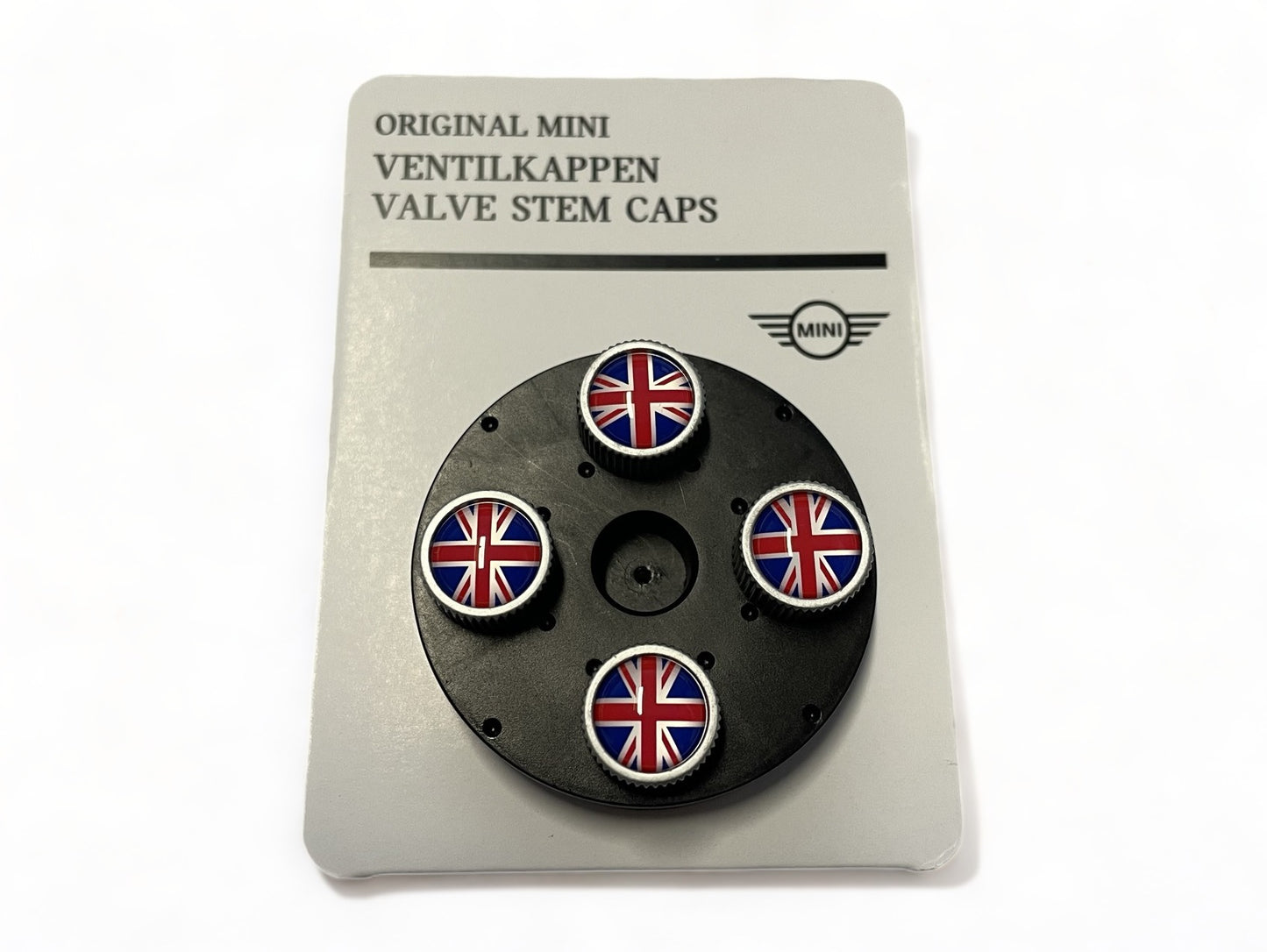 Mini Cooper Union Jack Logo Silver Valve Stem Caps - Set of 4 NEW OEM 36110429946